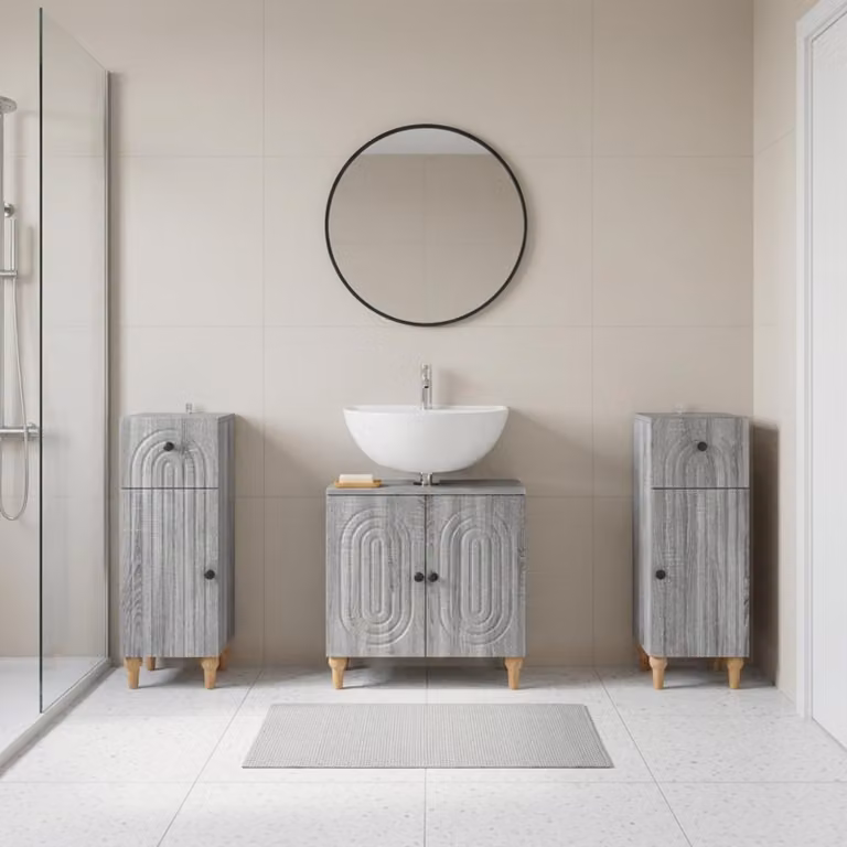 Set di mobili da bagno vidaXL ALKMAAR in 3 pezzi, colore grigio, stile minimalista con ante a cerniera