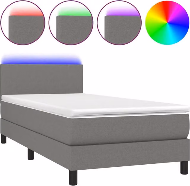 Letto singolo | Letto per adulti | Letto a Molle Materasso e LED Grigio Scuro 100x200cm in Tessuto