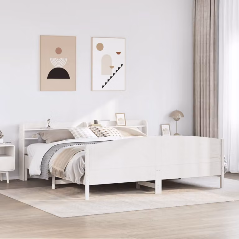 Letto in legno di pino massello bianco con ripiani laterali vidaXL L/P/H: 180 x 200 x 82 cm