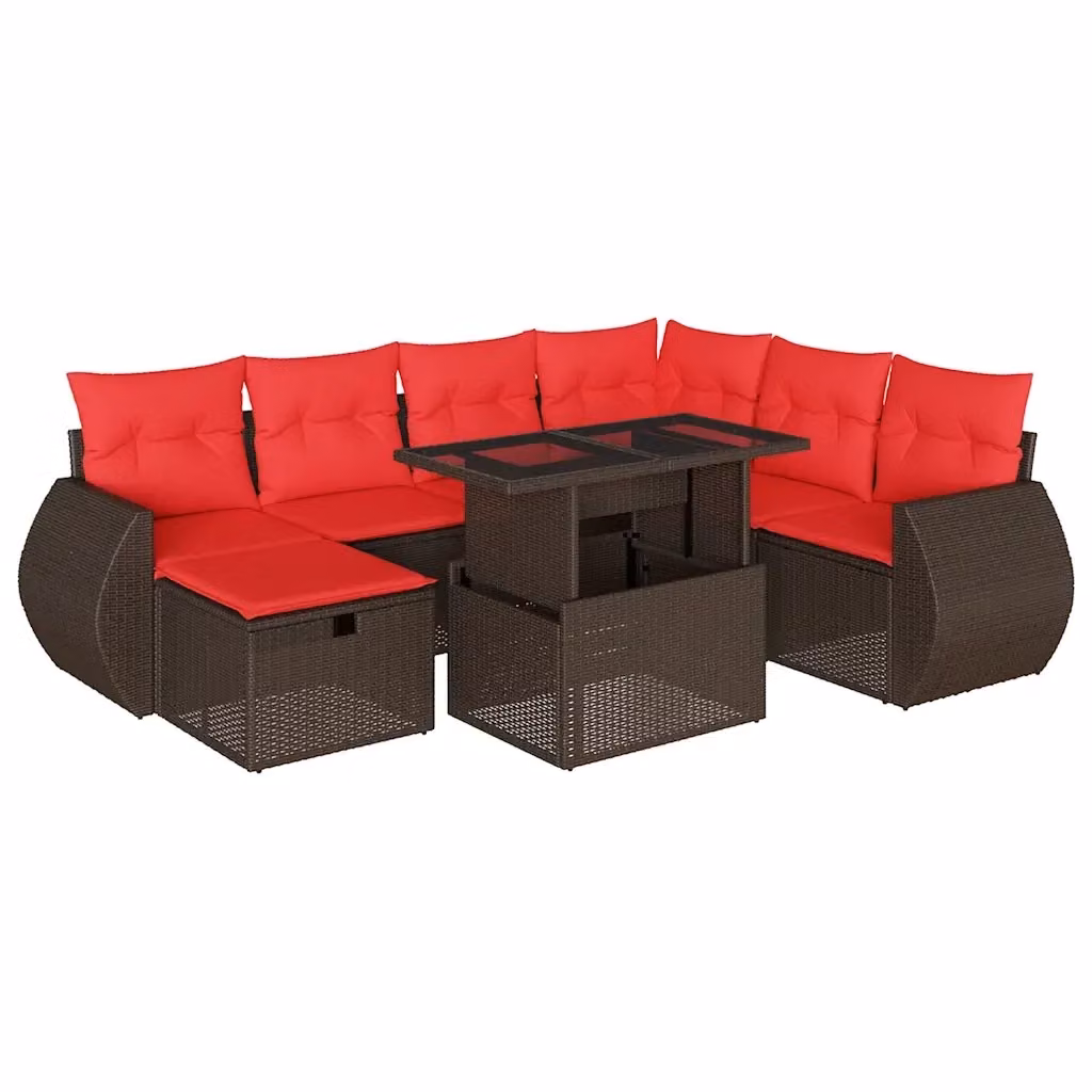 Set da giardino moderno vidaXL composto da 8 pezzi con divano a L, tavolino da caffè, pouf e cuscini marroni in polyrattan e metallo – 2