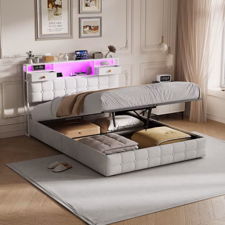 Letto imbottito REMZETTA, 140 x 200 cm, con contenitore, sistema di sollevamento idraulico, 2 cassetti nella testiera e illuminazione LED, color beige, per adulti