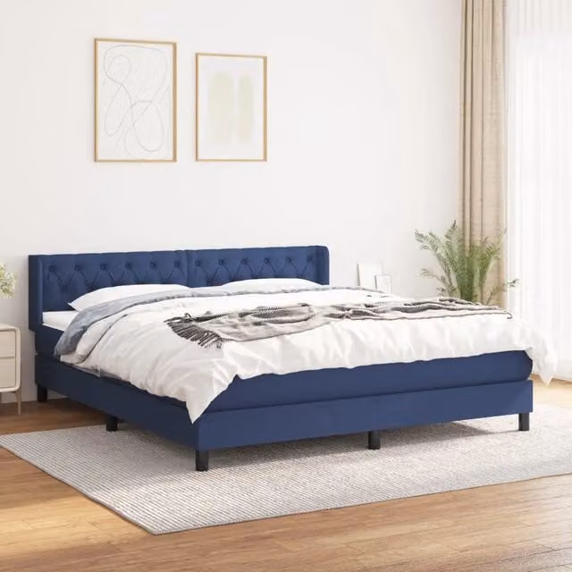 Letto Ibrido vidaXL con Giroletto a Molle e Materasso in Tessuto Blu e Bianco L/P: 160 x 200 cm – 1