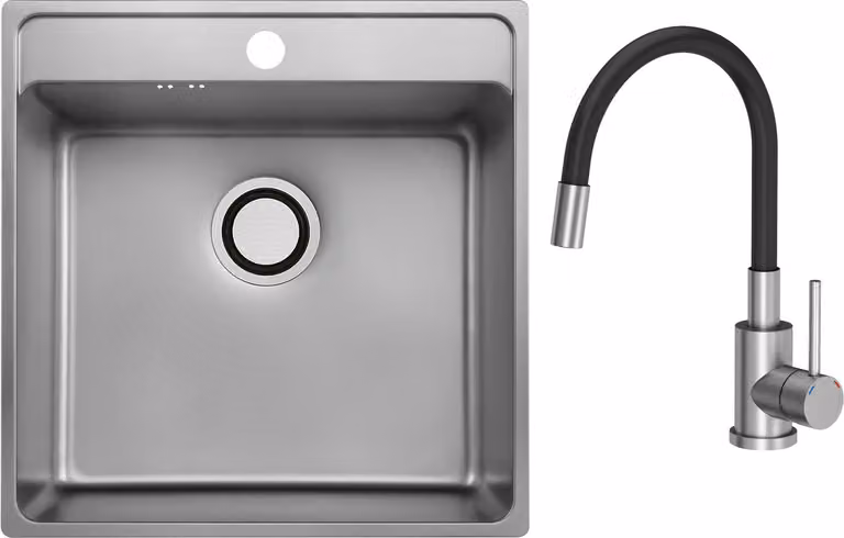 VBChome Lavello in acciaio inox con rubinetto 49x48x21 cm Inox Struttura in lino Lavello da incasso con foro per rubinetto Vasca grande Sifone Rubinetto nero con bocca flessibile
