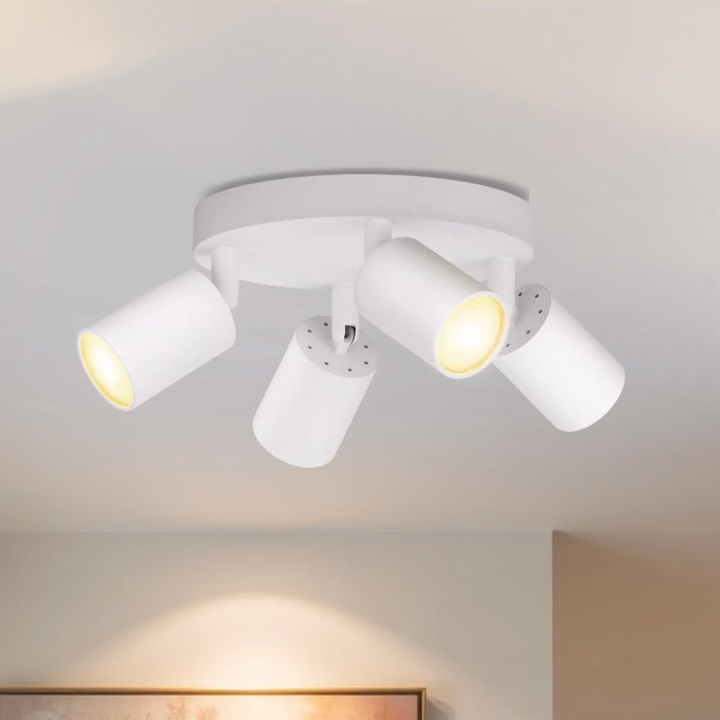 LVWIT, plafoniera LED a 4 luci, design rotondo, orientabile, lampada da soffitto bianca, faretti rotanti, design moderno, 4 luci per soggiorno, camera da letto, cucina (senza lampadine)