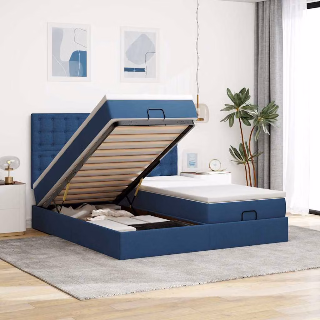 vidaXL Struttura Letto Pouf con Materassi Blu 160x200 cm in Tessuto