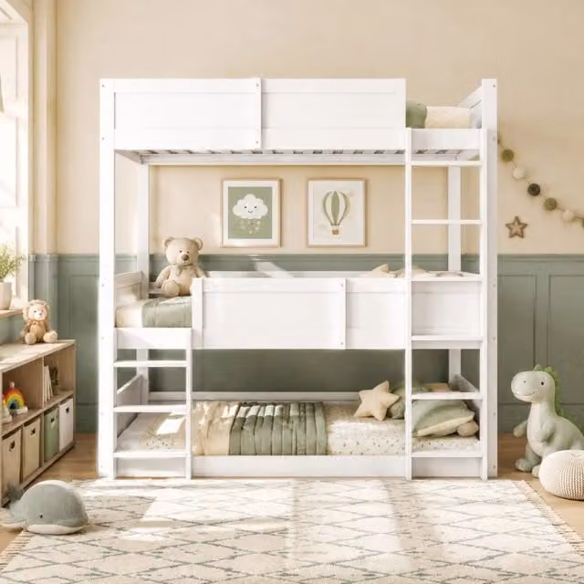 Letto a castello triplo bianco 90x200 cm in legno massiccio con protezioni alte, adatto per bambini