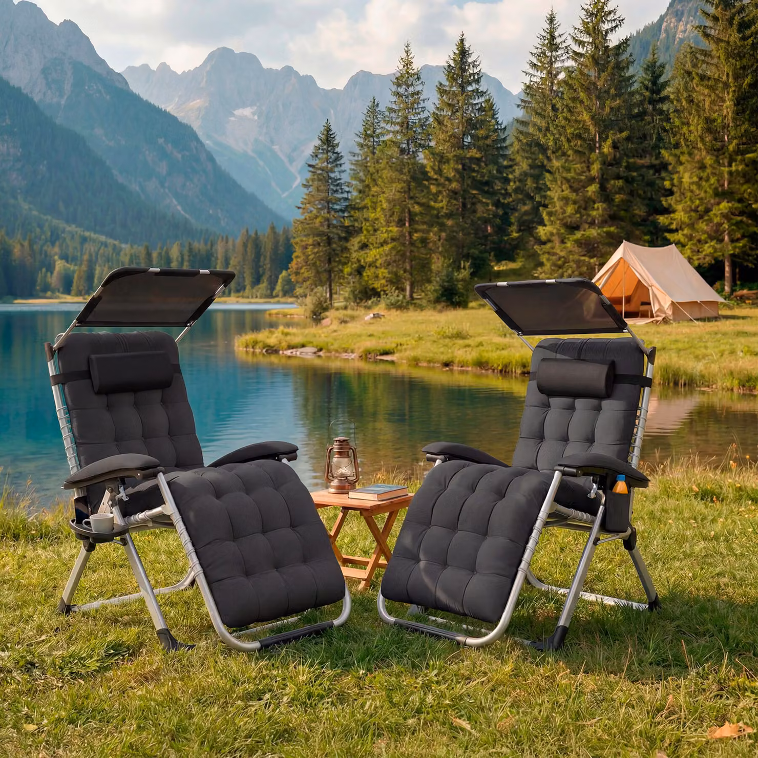 Set di 2 Lettini Prendisole Cloud II TecTake con Tettuccio Parasole, Poggiatesta Regolabile e Braccioli, Nero – 1