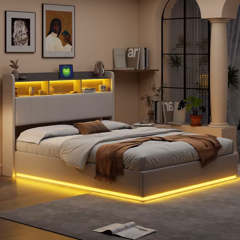 Letto imbottito ProximaX 160x200cm con funzione di ricarica (USB), letto giovanile letto matrimoniale contenitore con LED e contenitore per la testata, letto a molle idrauliche con L