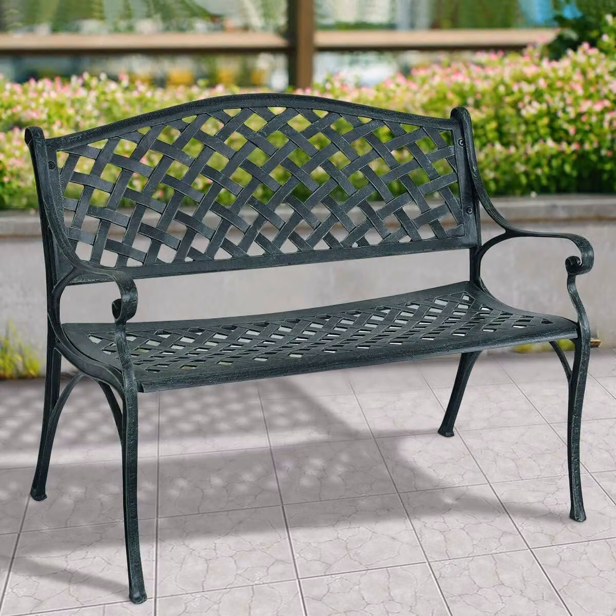 Panchina da giardino in metallo, panchina da parco a 2 posti, panchina in ferro con portata fino a 210 kg, panchina da terrazza con schienale e braccioli, panchina per giardino, balcone e terrazza, 103x55x82 cm, verde antico