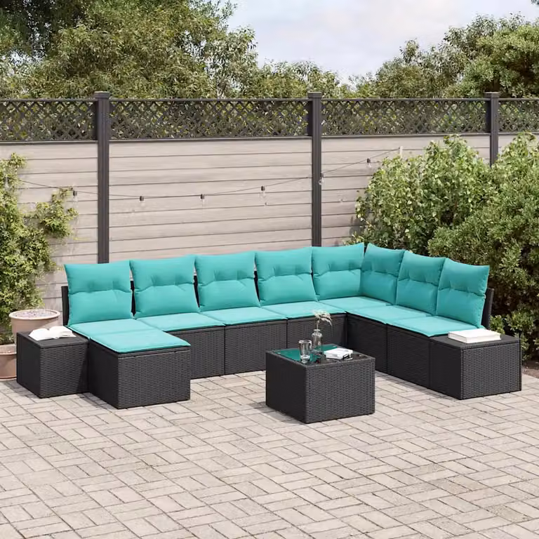 Set Divano da Giardino vidaXL 9 pz a Forma a U con Poltroncine, Tavolino e Cuscini, Colore Nero e Blu, Struttura in Metallo e Polyrattan Resistente ai Raggi UV
