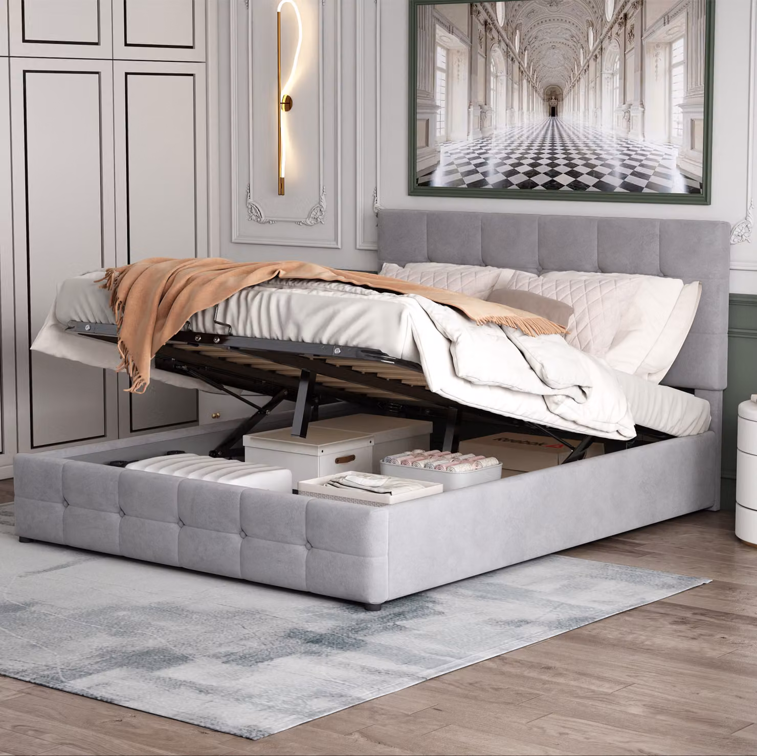 Letto matrimoniale STILVORA, 140x200 cm, imbottito con rete a doghe e schienale, struttura con contenitore, letto per giovani con design a bottoni, senza materasso, colore grigio