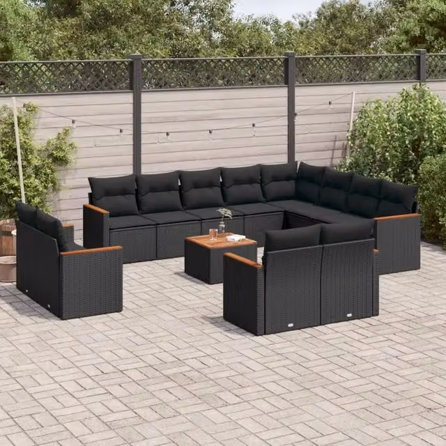 Set di Divani da Giardino vidaXL a Forma di U con Cuscini e Tavolino, 13 Pezzi, Nero – 1