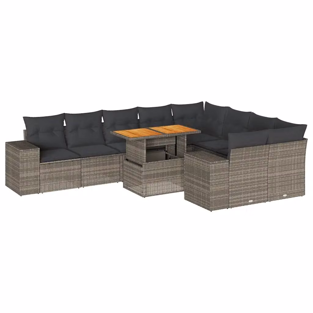 Set Divano da Giardino a Forma di U vidaXL in Polyrattan e Legno di Acacia con Cuscini Grigio 10 Pezzi – 2
