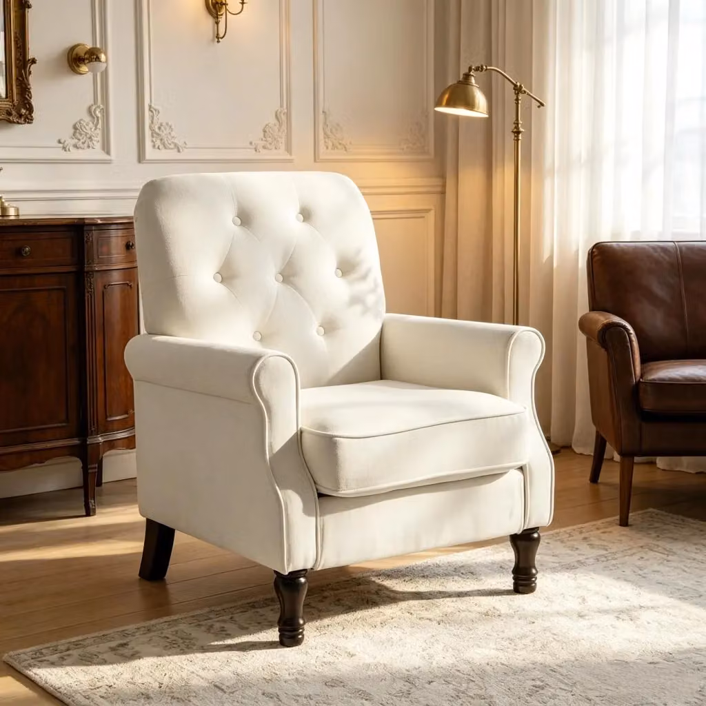 Poltrona Lounge REDOM in stile Mid-Century con tessuto beige e struttura in legno, L 69 cm x P 75 cm x H 90 cm – 2