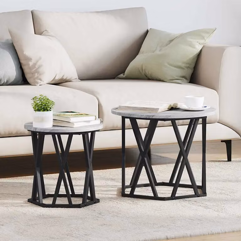 Set di 2 tavolini da salotto rotondi vidaXL in stile moderno, colore grigio e nero, con struttura in metallo e piano in MDF laminato opaco