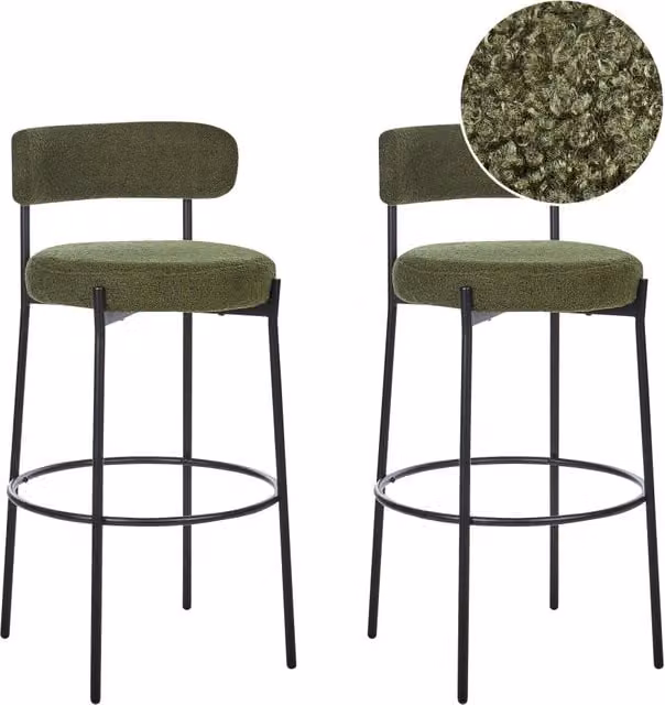Set di 2 sgabelli da bar BELIANI in tessuto bouclé verde scuro con gambe in metallo nero opaco design moderno per cucina e sala da pranzo