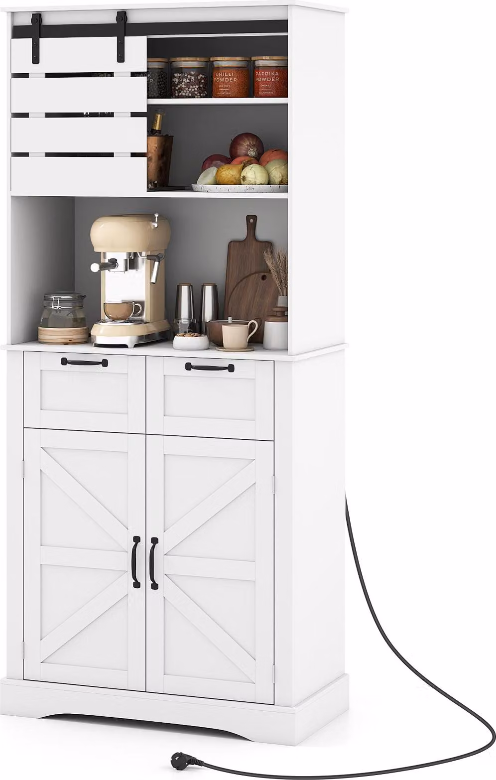 COSTWAY Mobile da cucina in legno, mobile buffet con presa di corrente, 2 ante, 2 cassetti e piano di lavoro, mobile alto da dispensa, 80 x 40 x 180 cm, bianco