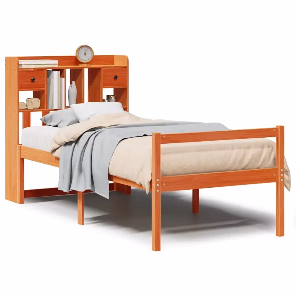 Letto Libreria VIDAXL in Pino Massiccio Marrone Cera con Ripiani e Doghe in Legno L: 75 cm, P: 190 cm, H: 110 cm – 2