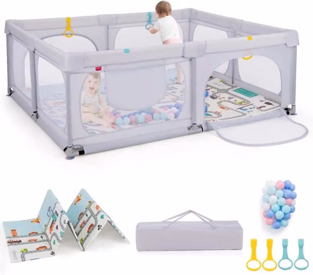 Recinto per bambini Design Mania con materassino e 50 palline colorate, Grigio chiaro, L: 189 cm, P: 158 cm, H: 69 cm