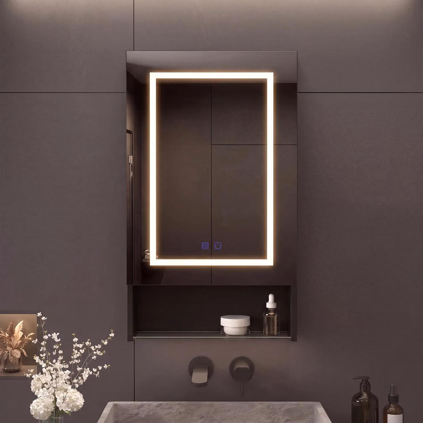 Mobiletto da bagno a specchio Moonbite, LED, 50 cm, 1 anta – Antiappannamento, ripiani in vetro regolabili, vano contenitore inferiore, bianco