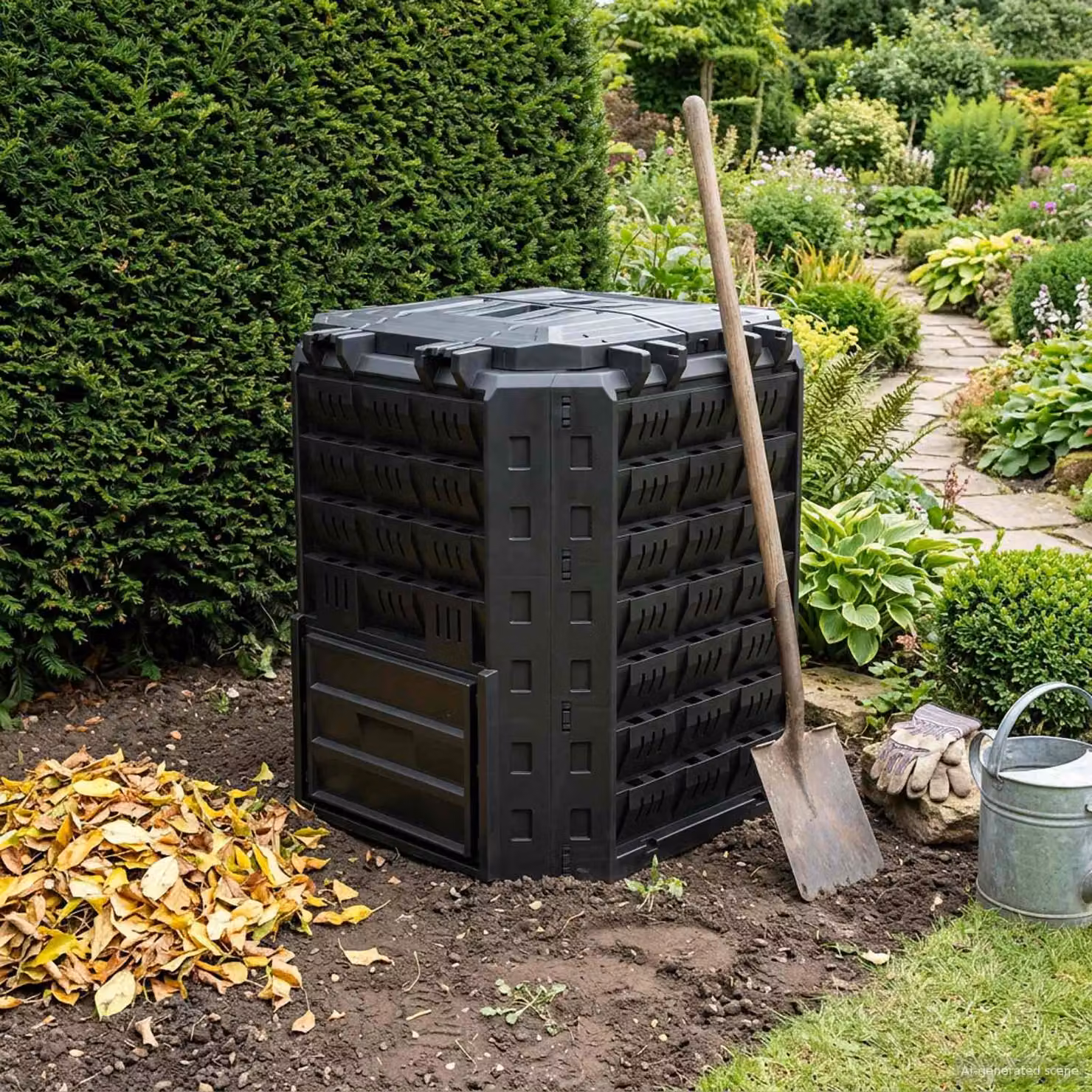 Compostiera da giardino vidaXL in plastica nera L 71 x P 71 x H 81,5 cm