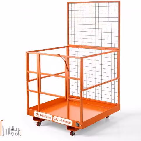 VEVOR Gabbia di Sicurezza per Carrello Elevatore Arancione in Acciaio, L: 122,5 cm, P: 114,8 cm, H: 114,8 cm