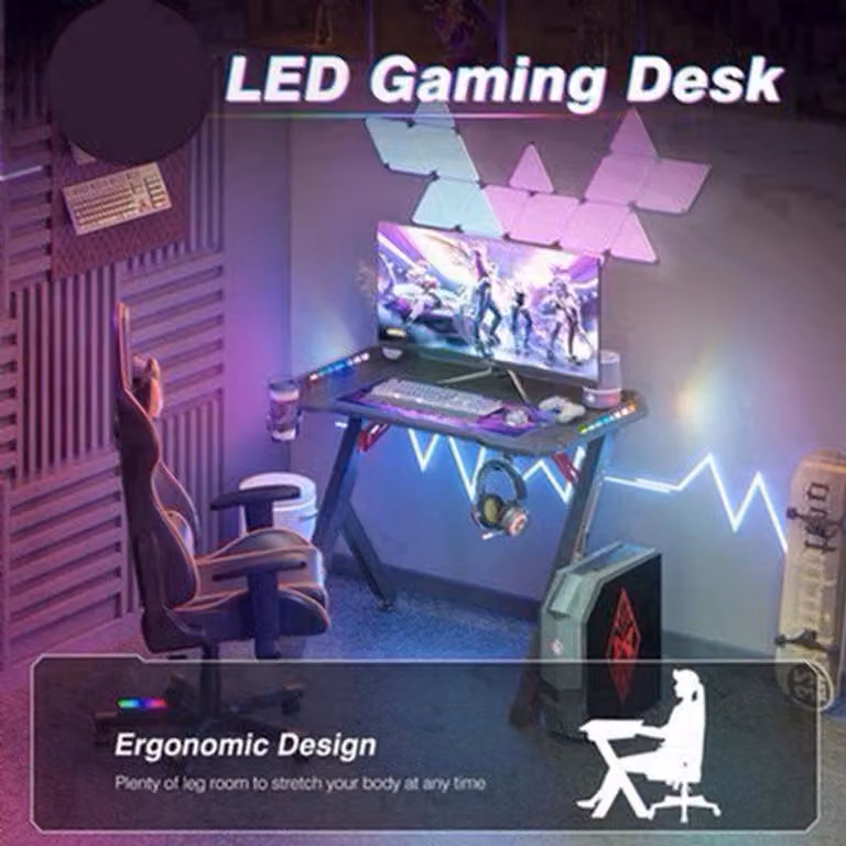 Scrivania da gaming con illuminazione RGB LED - 120x60x78 cm - Nera - Metallo e MDF effetto carbonio