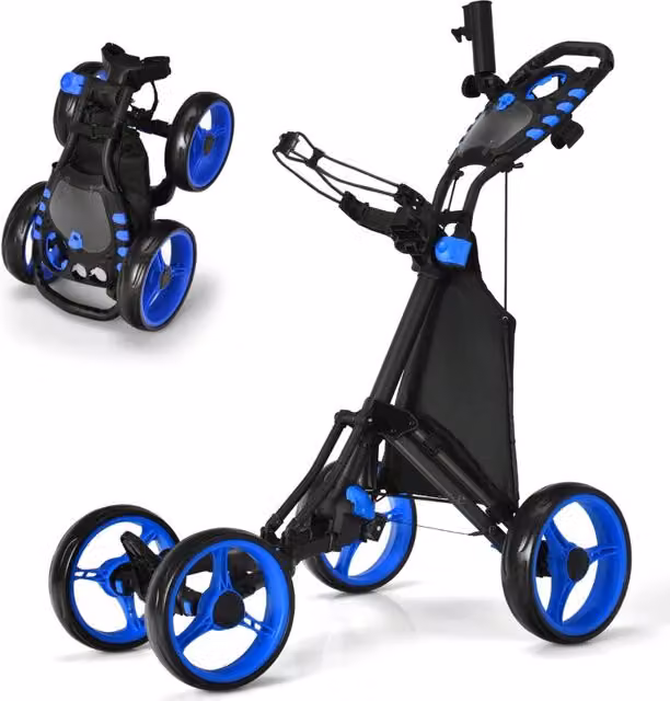 Carrello da golf a spinta e a trazione con borsa impermeabile e freno a pedale, Carrello pieghevole a 4 ruote Blu-Golf