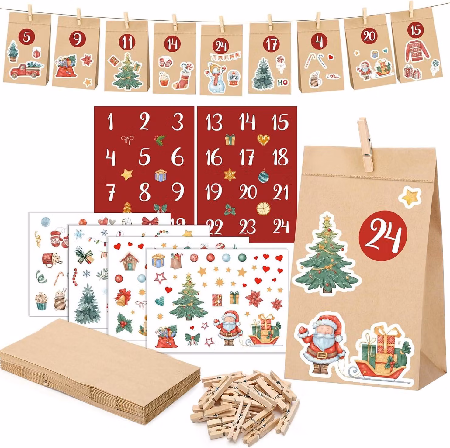 Calendario dell'Avvento fai-da-te da riempire, 24 sacchetti di carta, color marrone