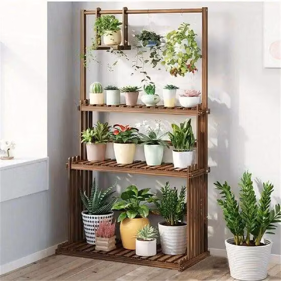 Portavasi in legno a tre scomparti - Sostegno per piante - Vaso da interno ed esterno - 31x57x15 cm