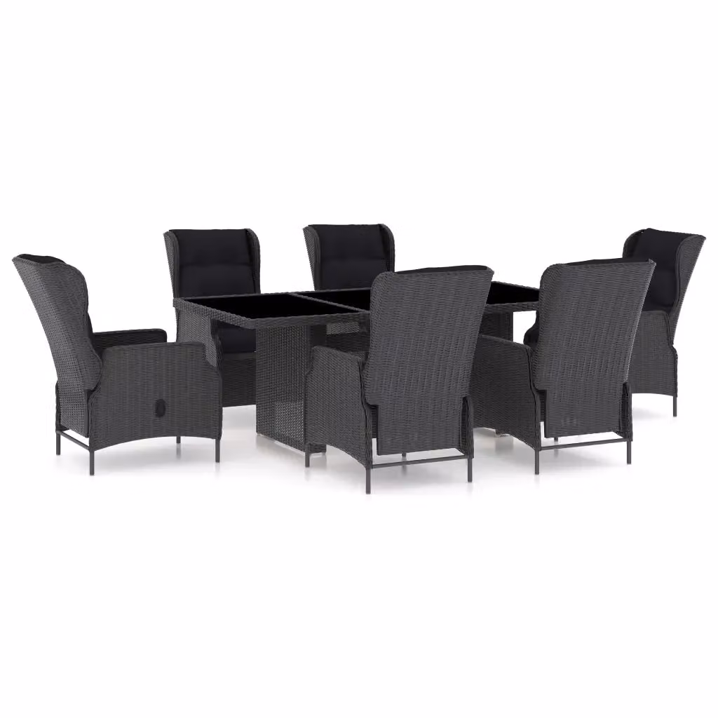 Set Pranzo da Giardino vidaXL in Polyrattan con Cuscini e Piano in Vetro, 7 Pezzi, Grigio Scuro e Nero – 2