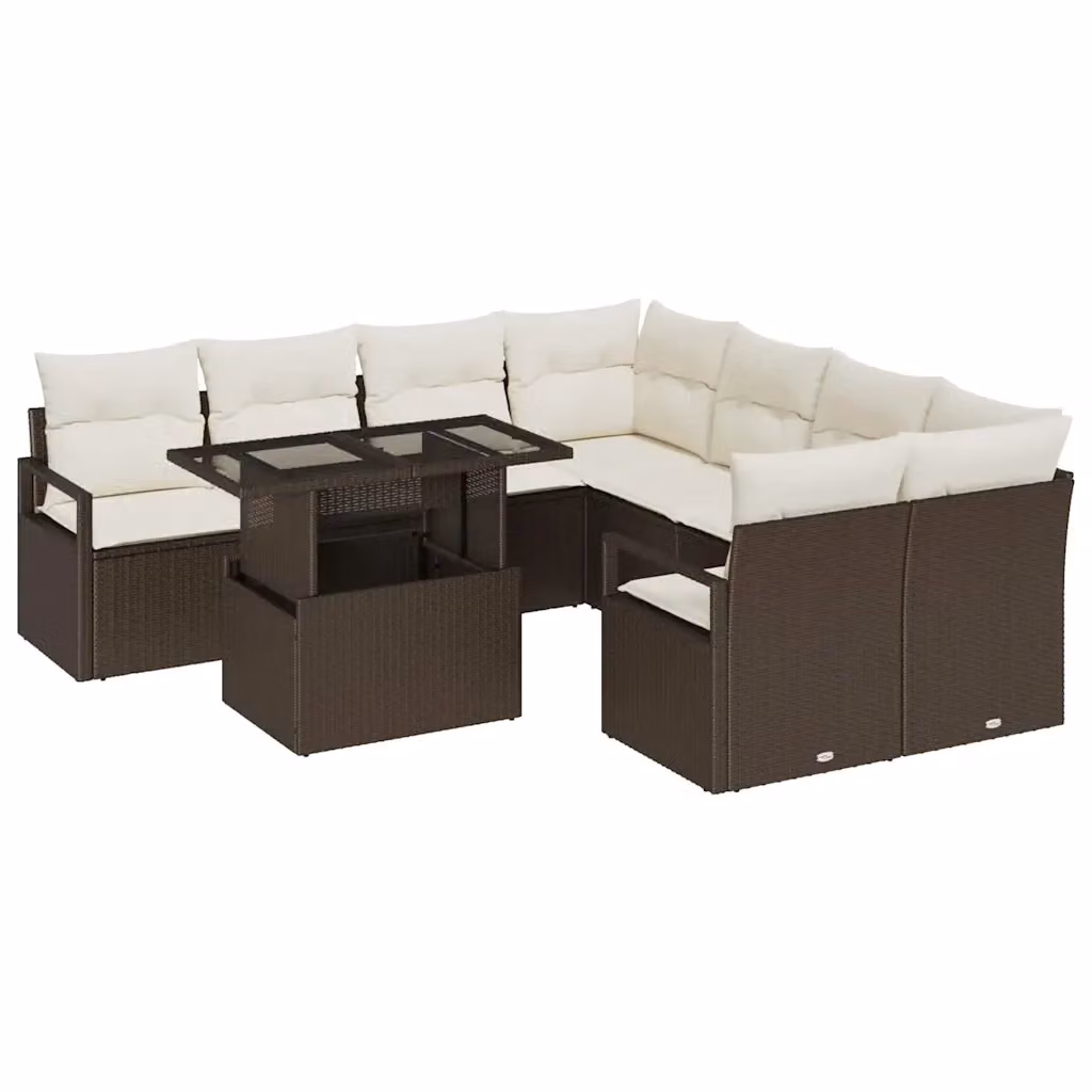 Set Divano da Giardino vidaXL 9 Pezzi con Tavolino, Marrone e Beige, 8 Posti, Struttura in Metallo e Polyrattan con Cuscini Rimovibili – 2