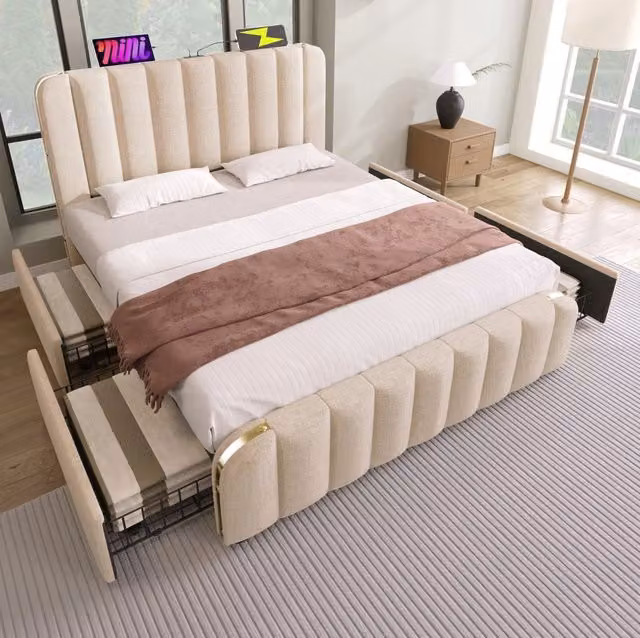 Letto matrimoniale 140x200 cm con 4 cassetti; USB e USB-C; in lino beige con materasso H3