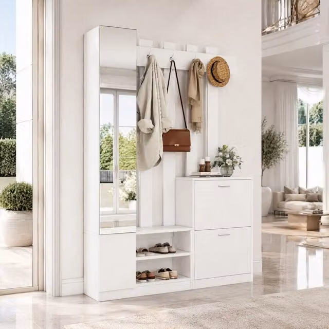 Mobile guardaroba da ingresso con specchio; 135x25x180 cm; 2 portascarpe; bianco