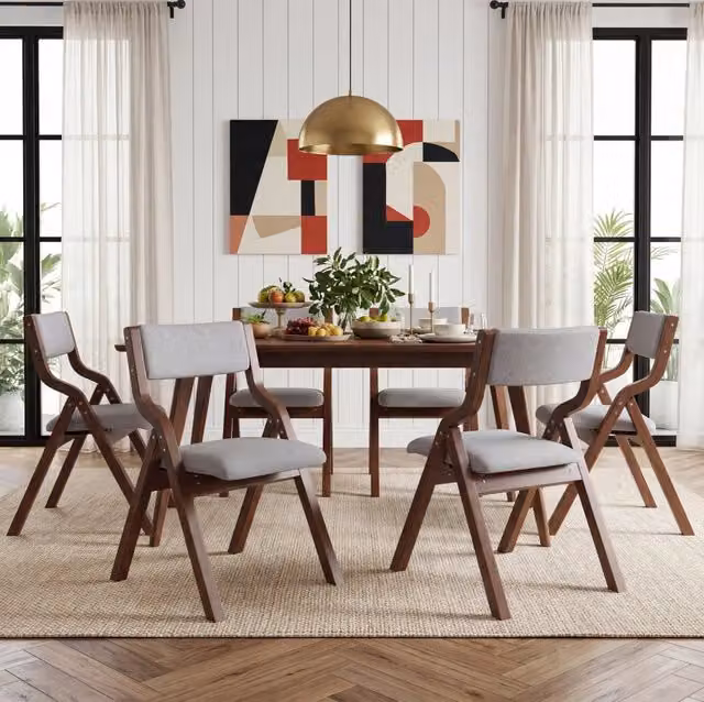 Set di 6 sedie da pranzo pieghevoli ULEVR in legno massello, imbottite in lino grigio