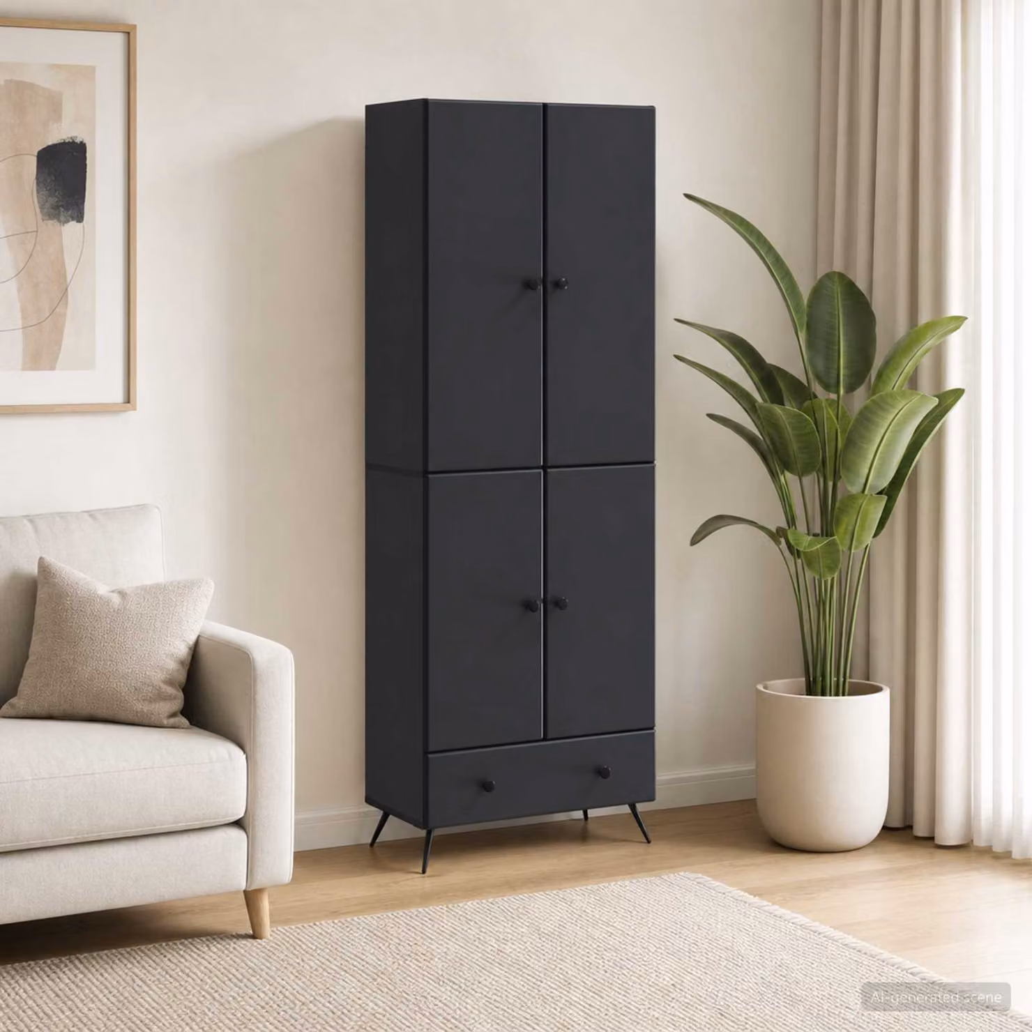 Set di 2 armadi moderni vidaXL in MDF nero opaco con ante a battente, cassetti e illuminazione integrata L/P/H: 95 x 34,5 x 66 cm