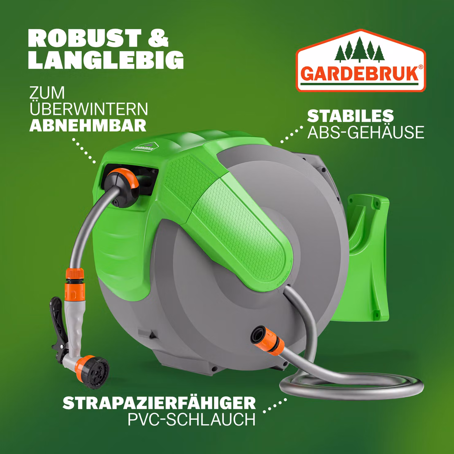 Avvolgitubo da giardino automatico Gardebruk con supporto a parete, colore verde, tubo da 20m + 2m – 2