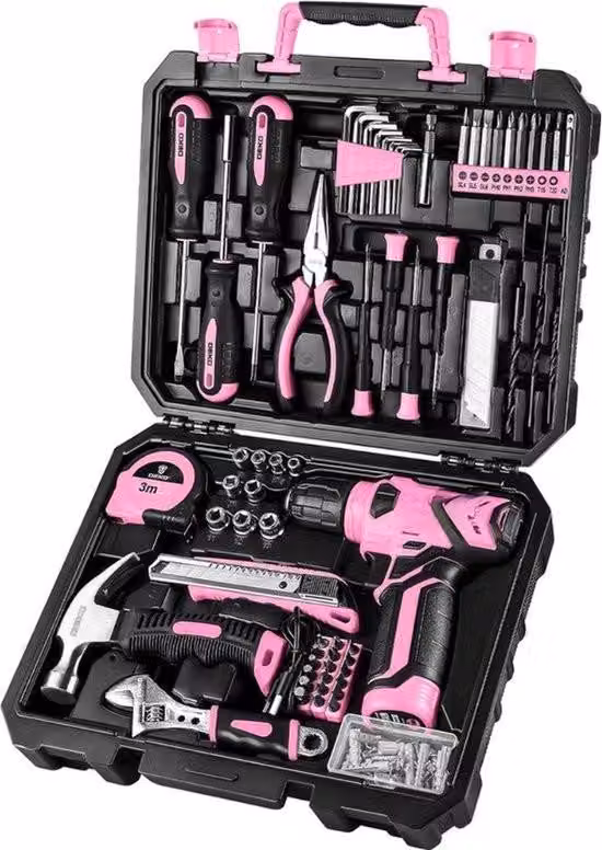 Valigetta portautensili - 126 pezzi - riempita - utensili - set di utensili - mandrino rapido - con trapano a batteria 8V - set di utensili manuali per il fai da te - Rosa