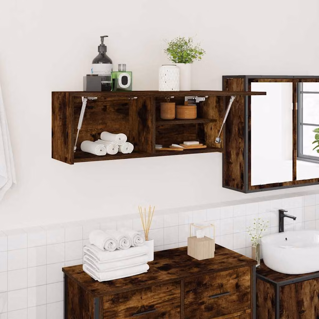 Armadietto da bagno vidaXL in legno Rovere Fumo con ante a battente e ripiani interni, sospeso, L: 80 cm, P: 25 cm, H: 30 cm