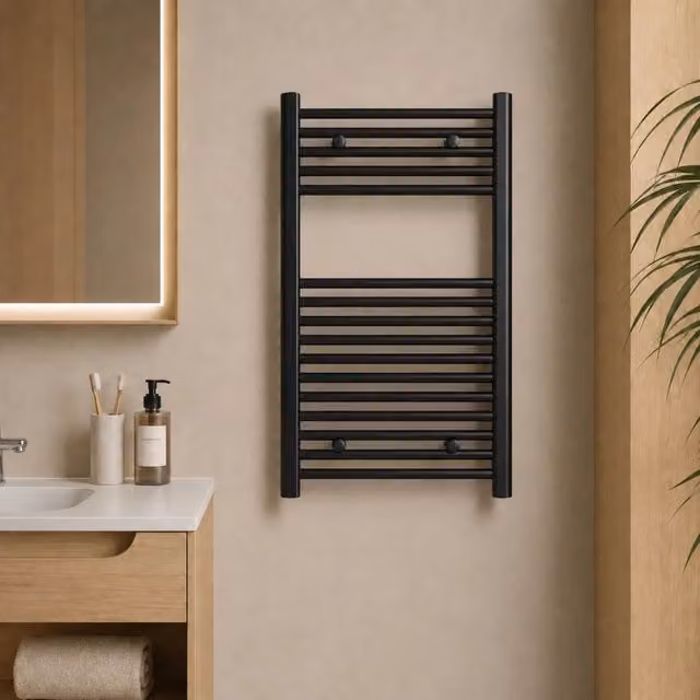 Scaldasalviette da bagno OGOMONDO in acciaio nero opaco con 16 tubi, H 77 cm x L 60 cm x P 55 cm – 1