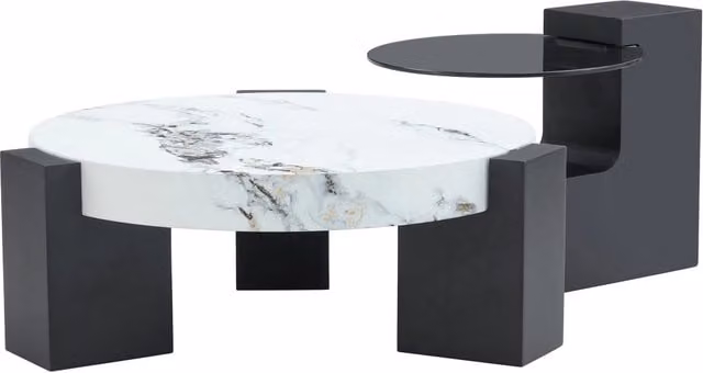 Set di 2 tavolini da salotto REDOM con top incastrabili rotondi in MDF effetto marmo bianco e nero Ø61/44 cm
