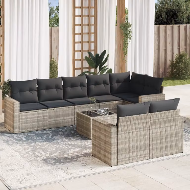 vidaXL Set Divano da Giardino a L 9pz in Polyrattan Grigio con Cuscini e Tavolino