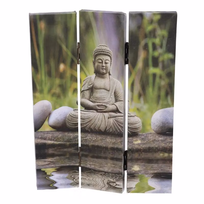 Paravento a 3 ante con stampa Buddha in legno multicolore e verde stile ethnic VACCHETTI L: 120,6 cm, P: 2,5 cm, H: 180 cm – 2