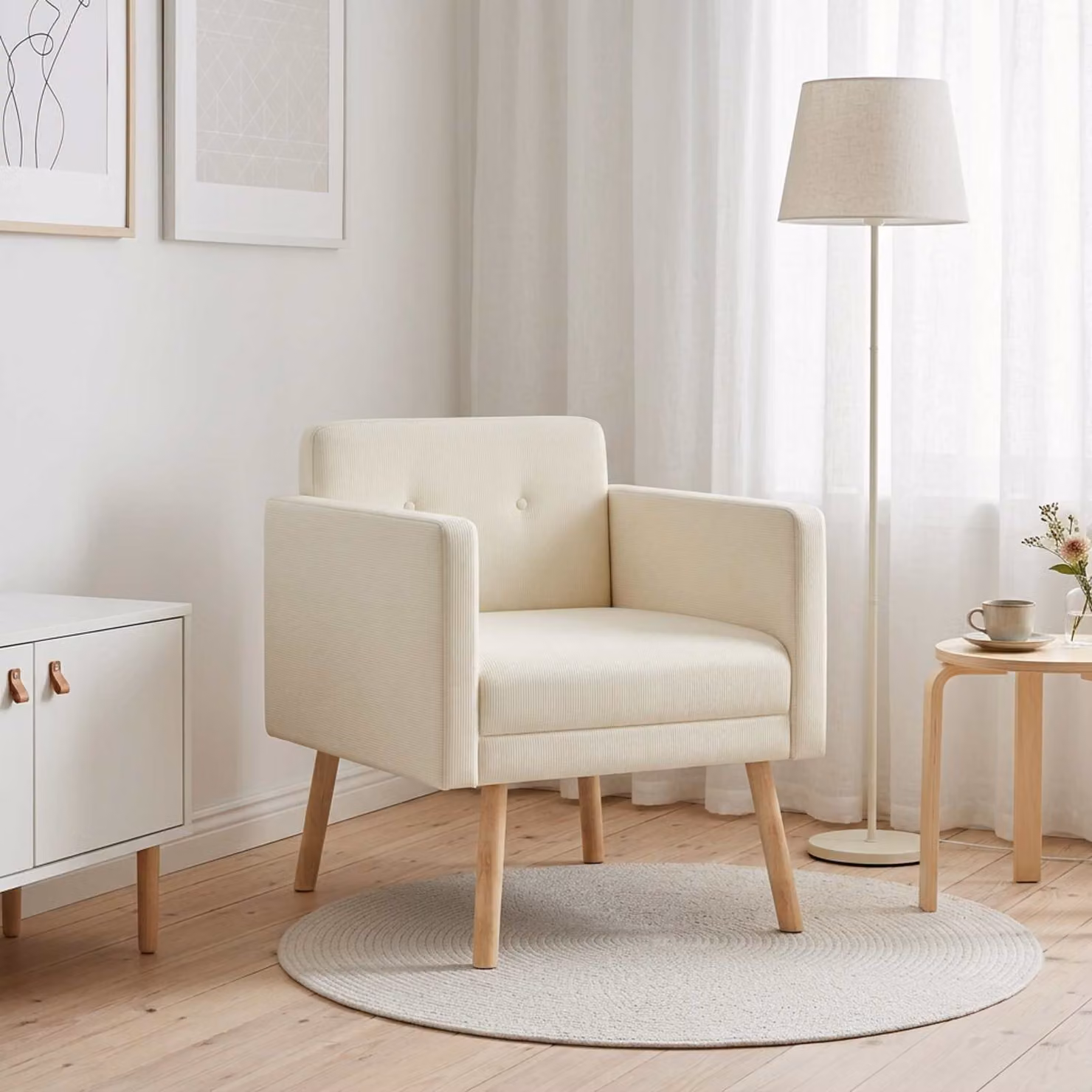 Sedia d'accento moderna vidaXL in velluto a coste beige con braccioli