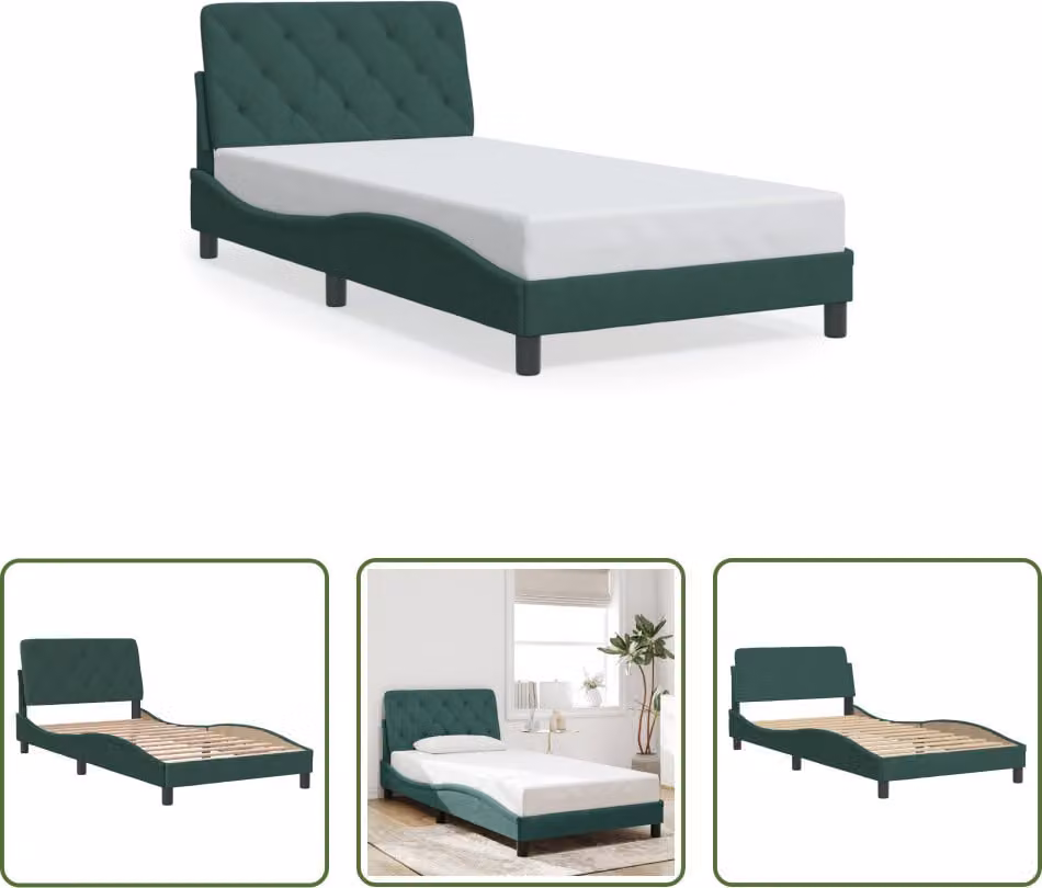 The Living Store Struttura letto con testiera in velluto verde scuro 100x200 cm