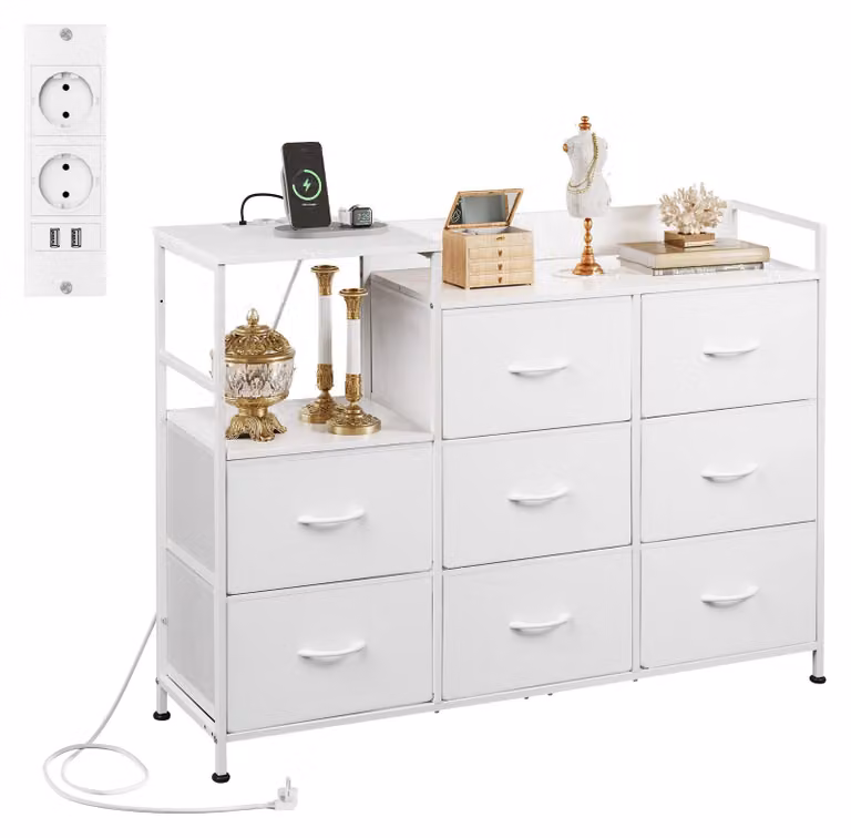 Comodino, 8 comodini con cassetti, cassetti in tessuto con guide, adatti per camera da letto, corridoio, soggiorno, cameretta (bianco)