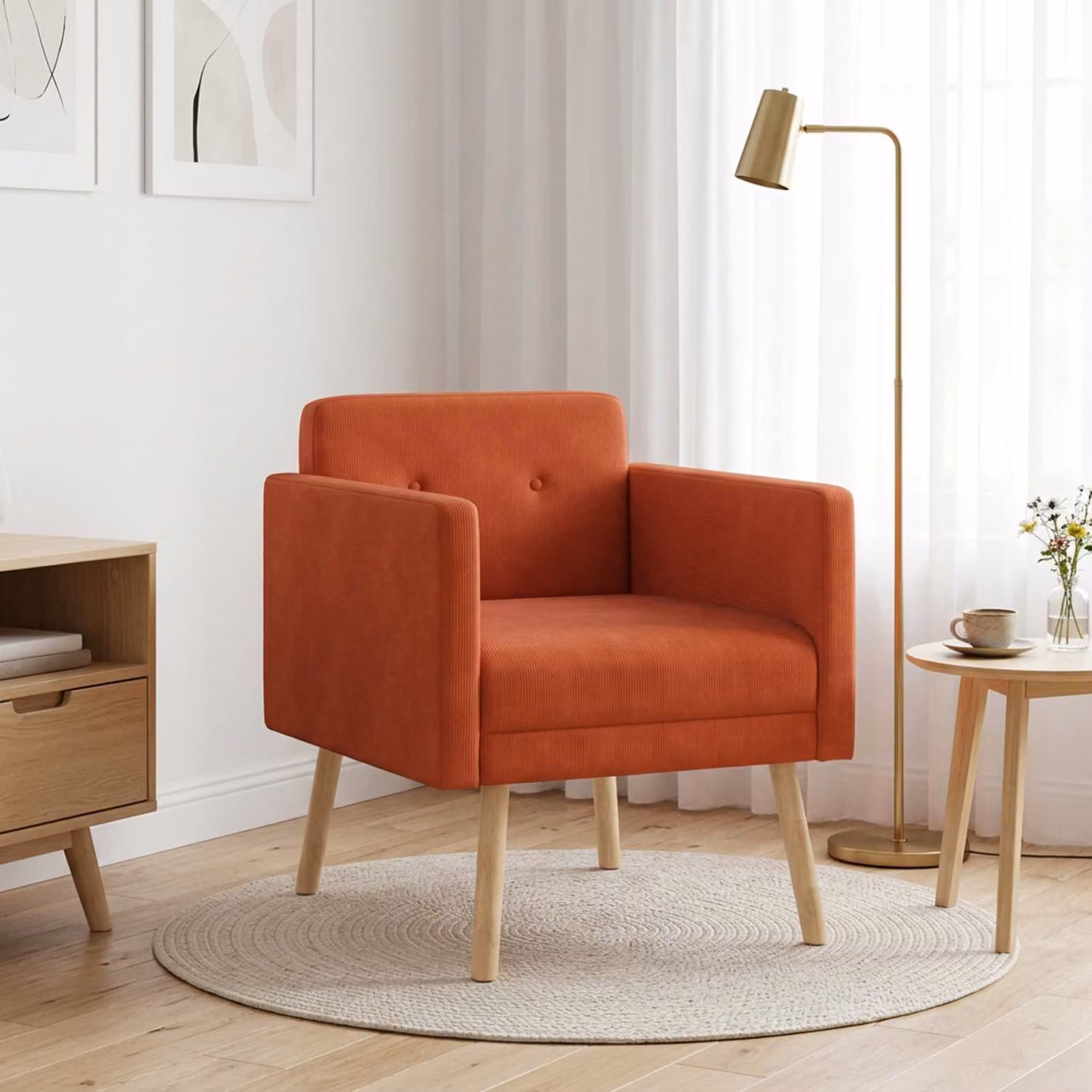Sedia d'accento moderna vidaXL in velluto a coste rosso arancio con braccioli