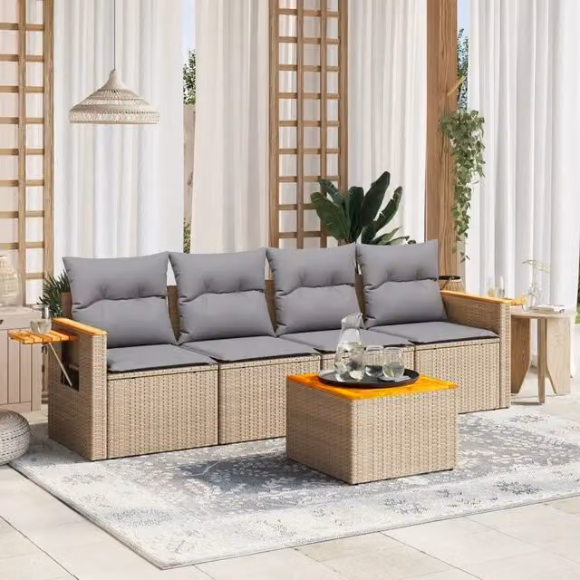 Set da giardino VIDAXL in polyrattan composto da 5 pezzi con cuscini beige e grigi in tessuto per esterni – 1