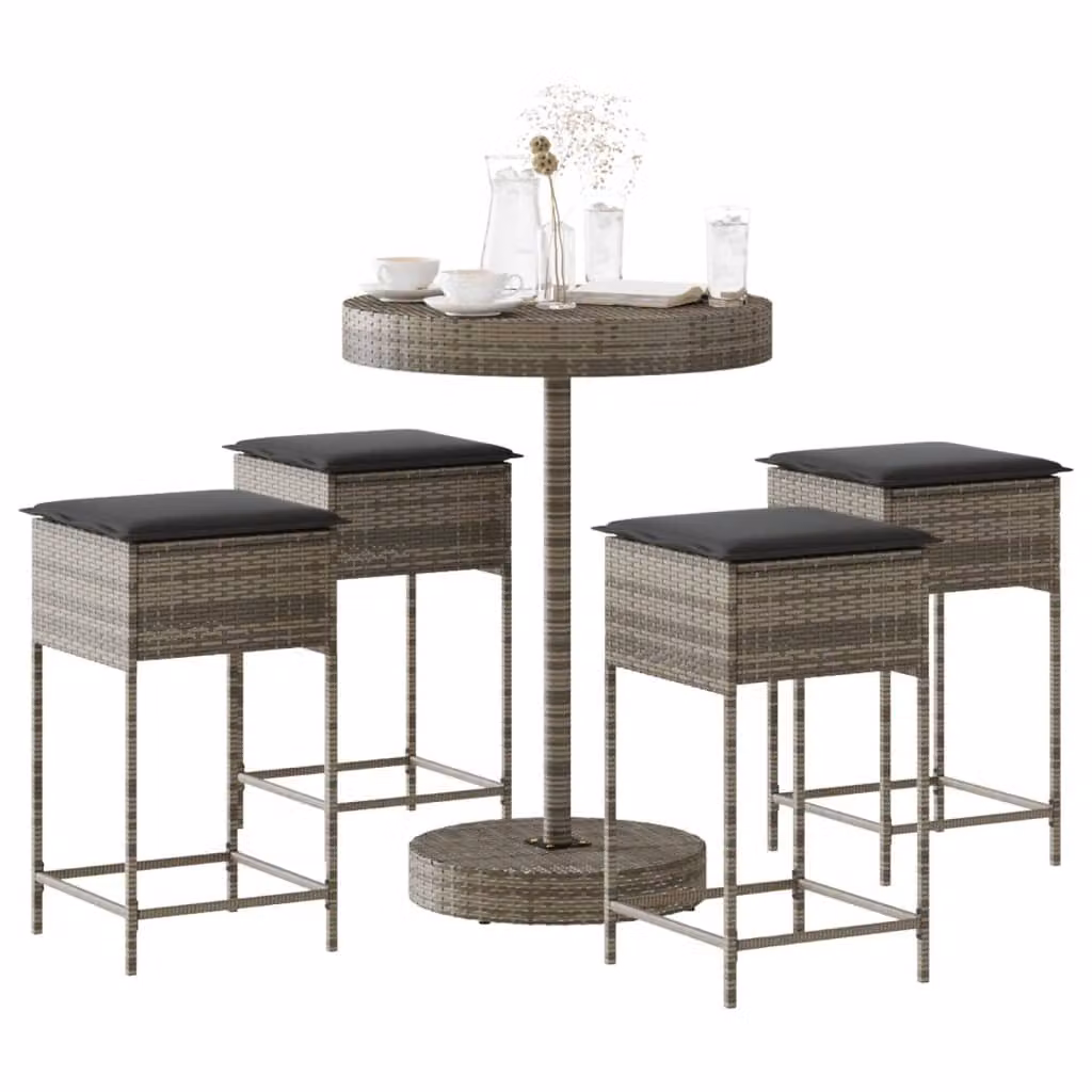 Set Bar da Giardino vidaXL 5 pz in Polyrattan Grigio con Cuscini