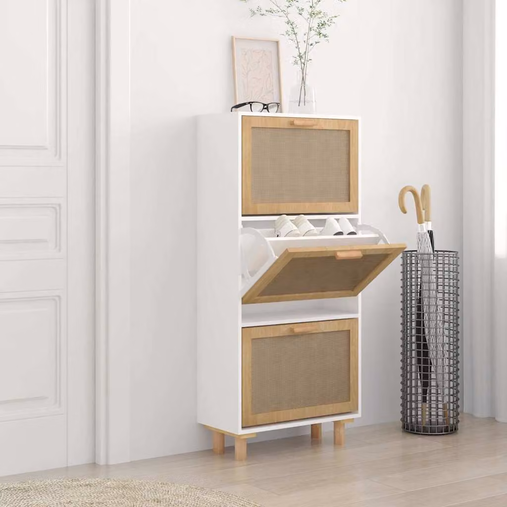 Scarpiera bianca vidaXL in legno e rattan naturale con stile scandinavo L/P/H: 52 x 25 x 115 cm